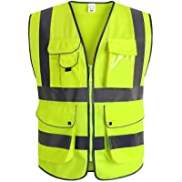 XIAKE SAFETY - Chaleco de seguridad de alta visibilidad clase 2 con bolsillos y cierre ANSI-ISEA normas amarillas